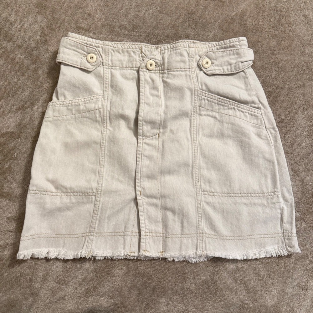 Free People Cream Denim Mini Skirt High Waisted Frayed Hem Size 12